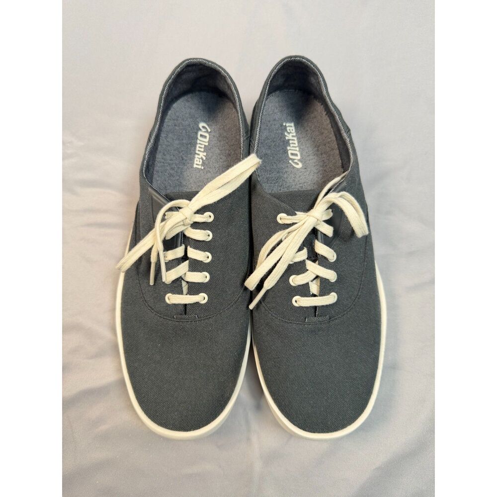 OluKai Men's 11.5 Canvas Lace Up Sneakers Shoes Gray White Drop-In Heel BNWOB